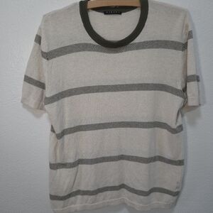 Sisley Mens T-Shirt Small Crew Neck Short Sleeves BeigeGreen Striped Linen Blend